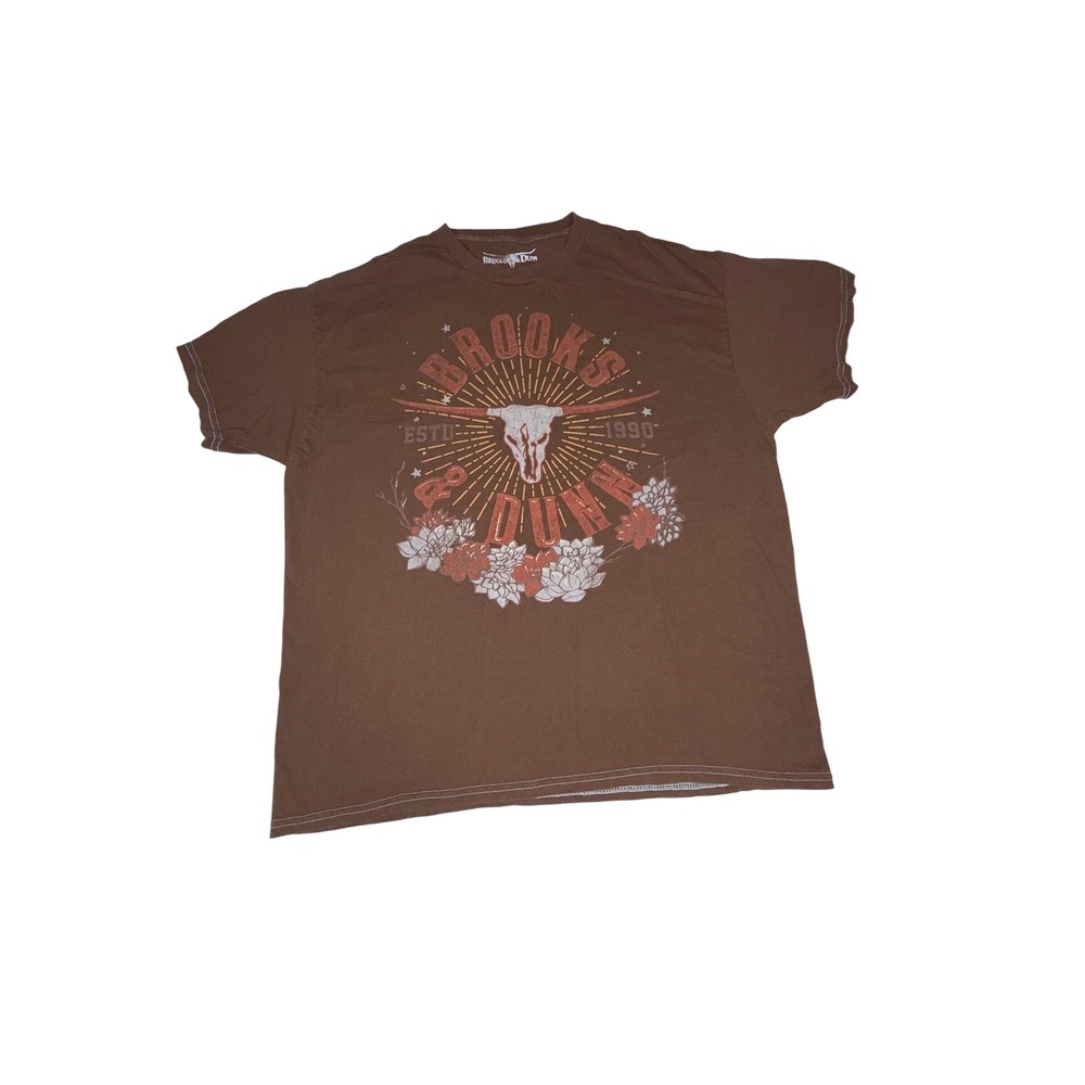 Brooks & Dunn Graphic T-Shirt L Brown Longhorn Skull Floral Cotton